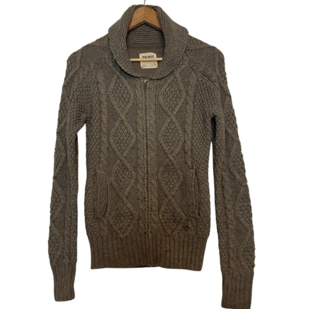 Aritzia Wool Alpaca Cardigan Sweater Brown Cable knit Coastal Fisherman Sz S